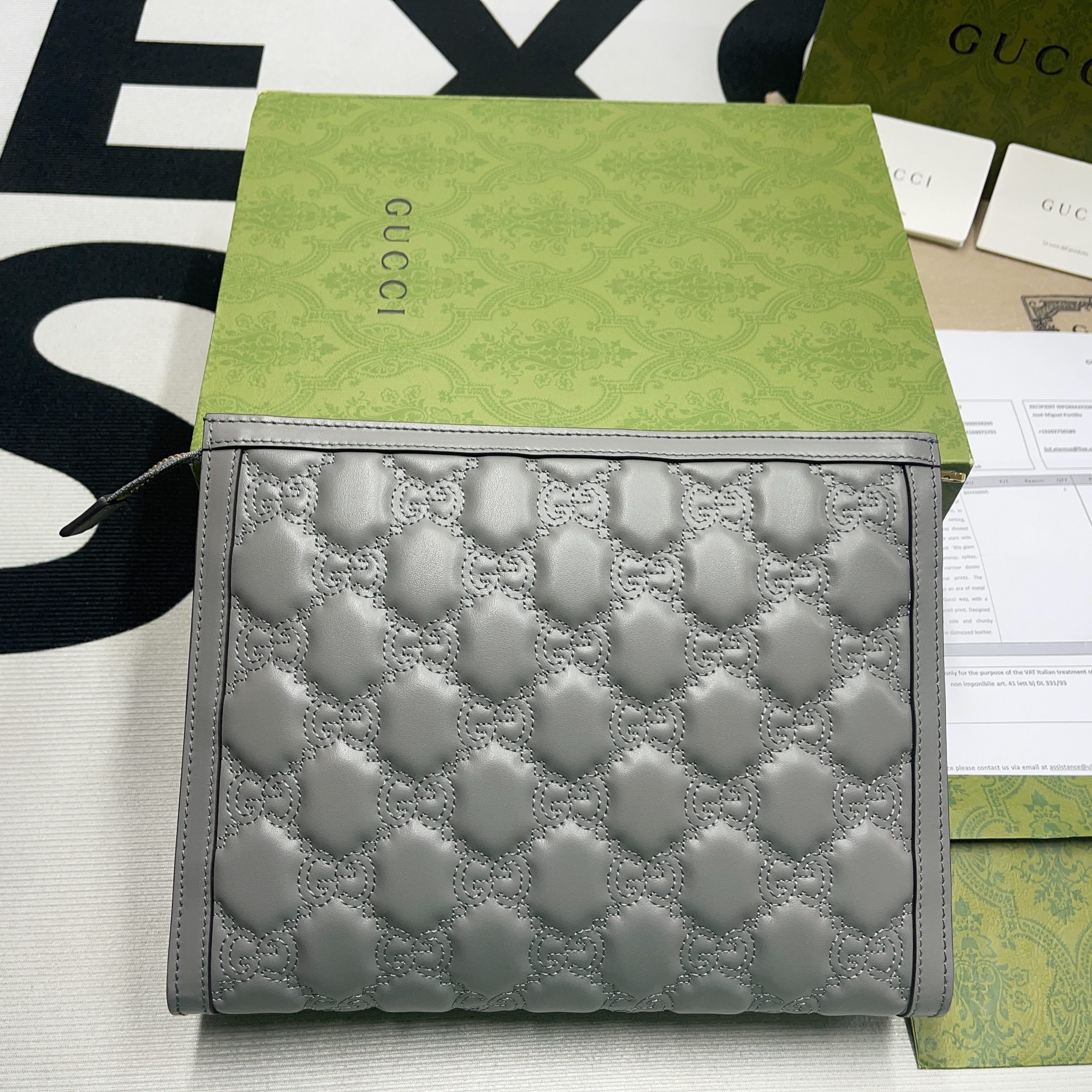 Gvc*1 GG Matelassé Pouch Black/Brown/ Grey For Women 723780 UM8IG 1000 10.6 in/ 27 cm