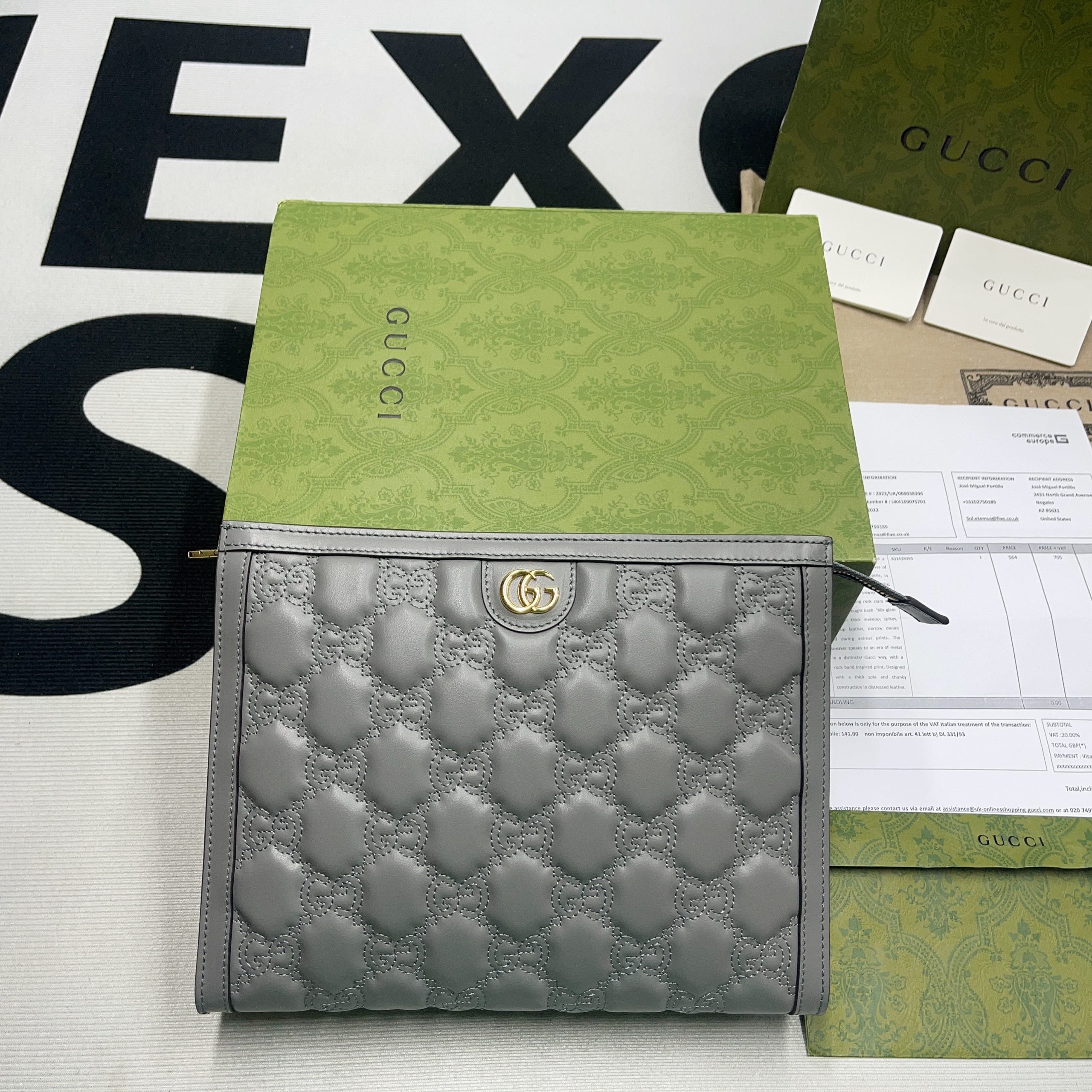 Gvc*1 GG Matelassé Pouch Black/Brown/ Grey For Women 723780 UM8IG 1000 10.6 in/ 27 cm