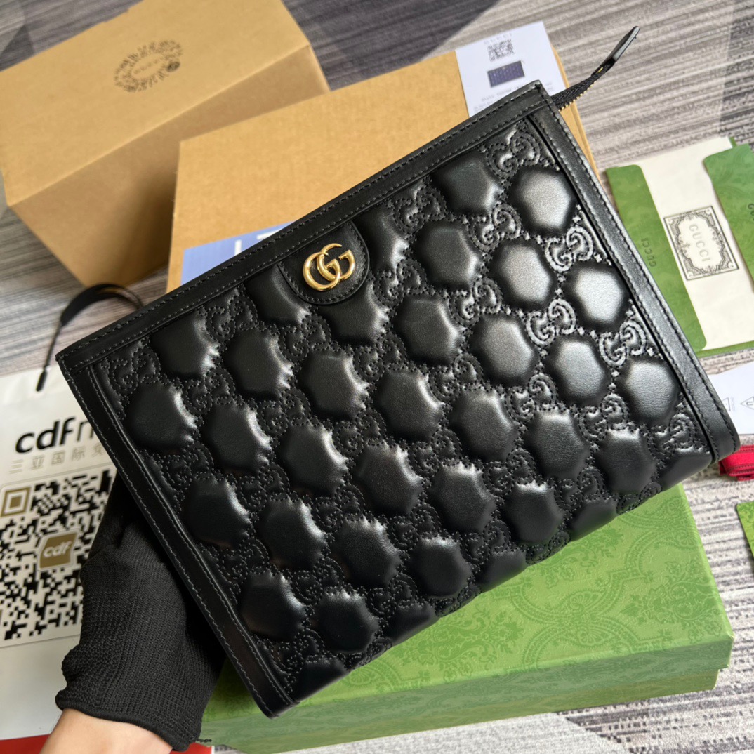 Gvc*1 GG Matelassé Pouch Black/Brown/ Grey For Women 723780 UM8IG 1000 10.6 in/ 27 cm