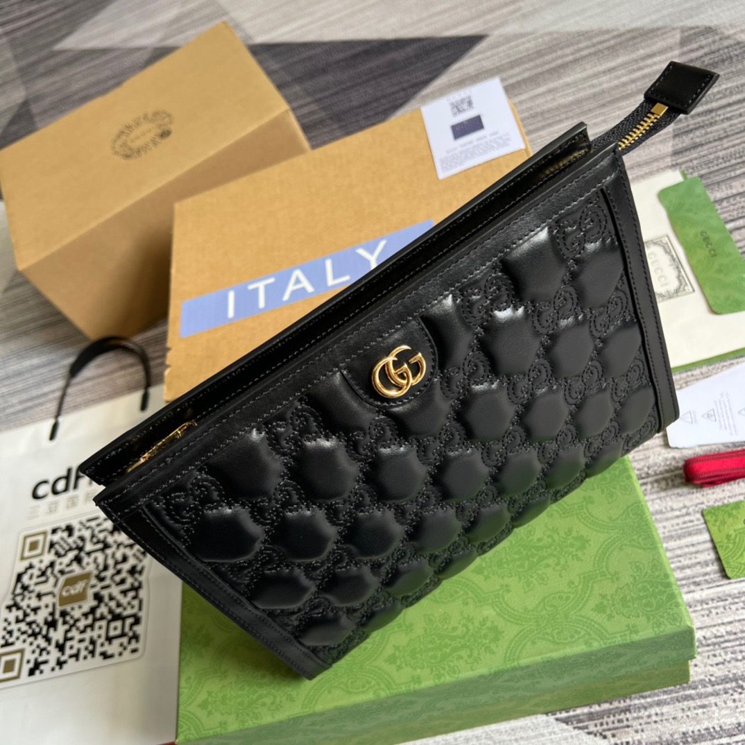 Gvc*1 GG Matelassé Pouch Black/Brown/ Grey For Women 723780 UM8IG 1000 10.6 in/ 27 cm