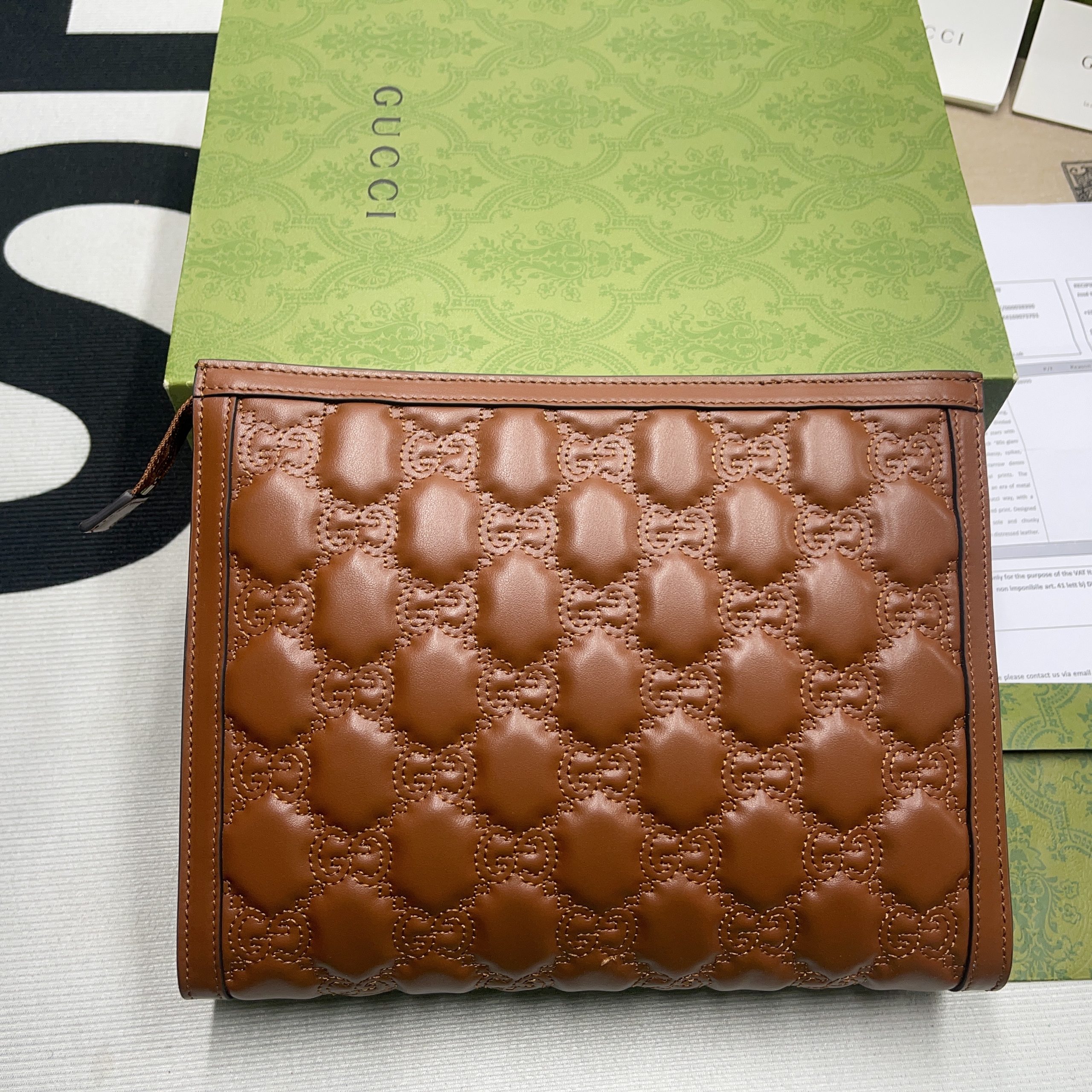 Gvc*1 GG Matelassé Pouch Black/Brown/ Grey For Women 723780 UM8IG 1000 10.6 in/ 27 cm