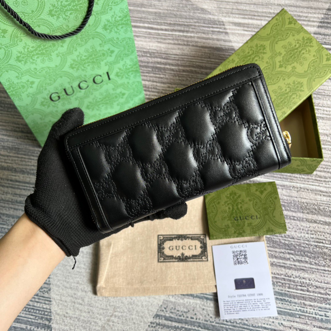Gvc*1 GG Matelassé Zip-Around Wallet Black For Women 723784 UM8IG 1000 7.6 in/ 19.5 cm