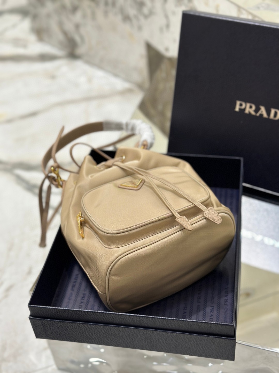Pra*a Duet Bucket Shoulder Bag Light Pink/Beige For Women 8.6 in / 22.5 cm 1BH038_RV44_F0E18_V_OOO
