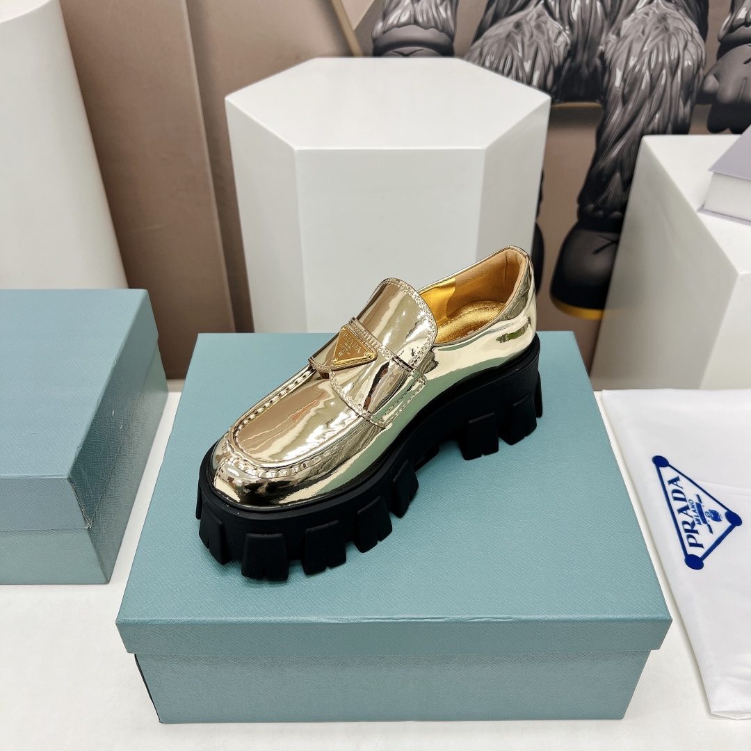 Pra*a Monolith Ombré Brushed Loafers Gold Tone For Women 2.1 in/ 5.5cm