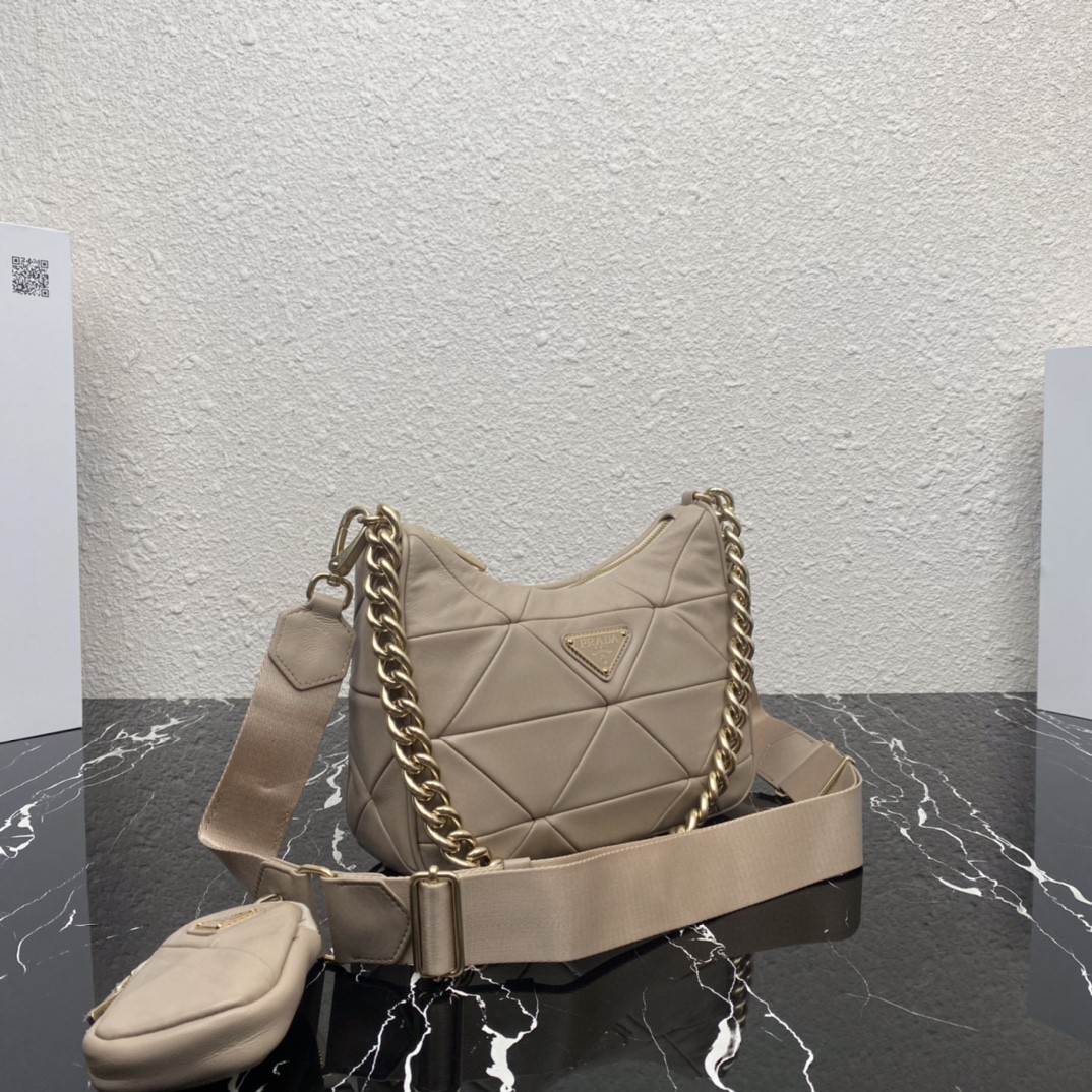 Pra*a Padded Hobo Bag Beige/Green For Women 9.5 in / 24 cm 1BC151_RDJN_F0F24_V_O1O