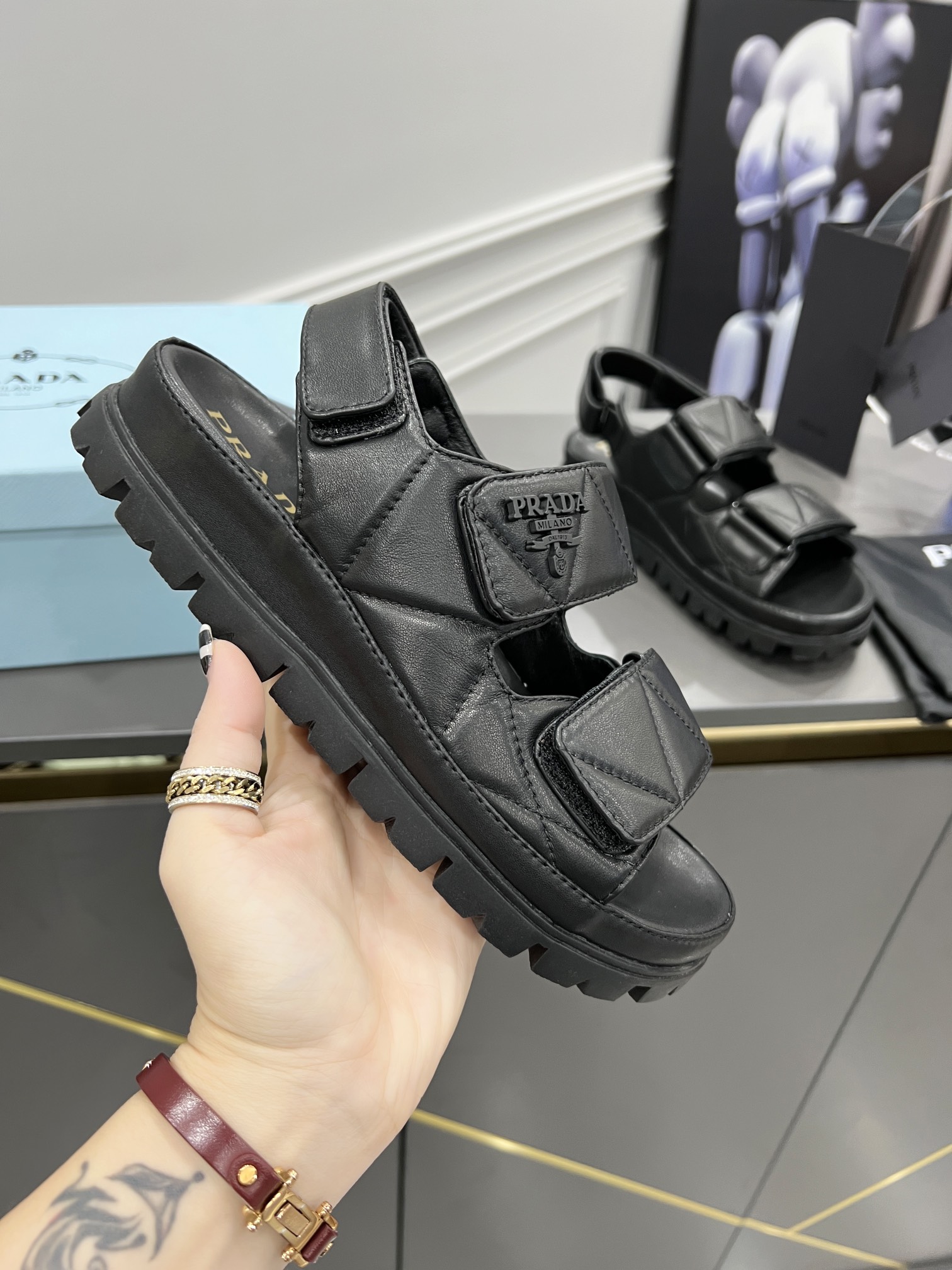 Pra*a Padded Nappa Sandals Black For Women 0.8 in/ 2cm 1X721M_038_F0002_F_020