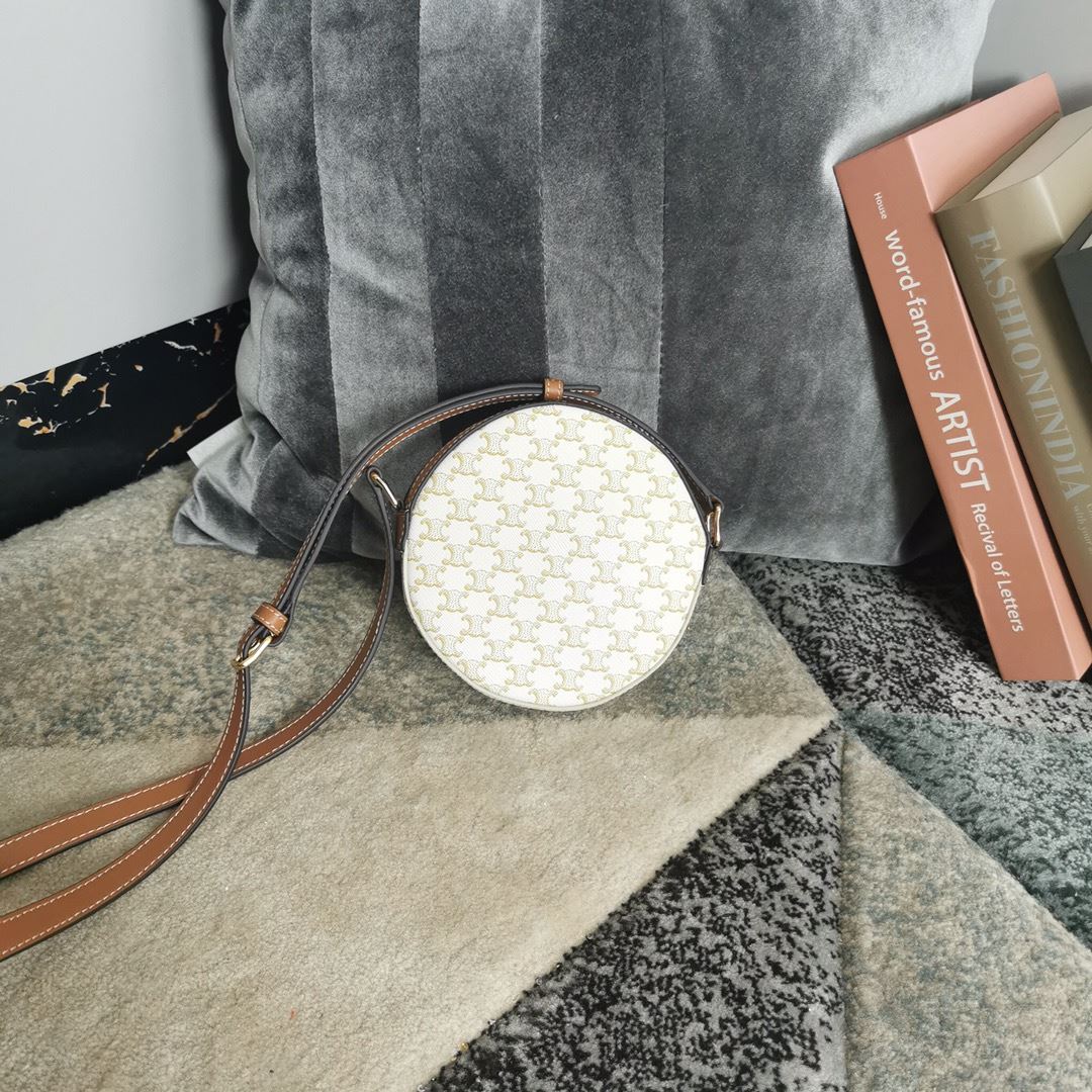 Ce1i*e Round Purse On Strap In Triomphe Canvas White/Brown For Women‎ 5in/13.5cm