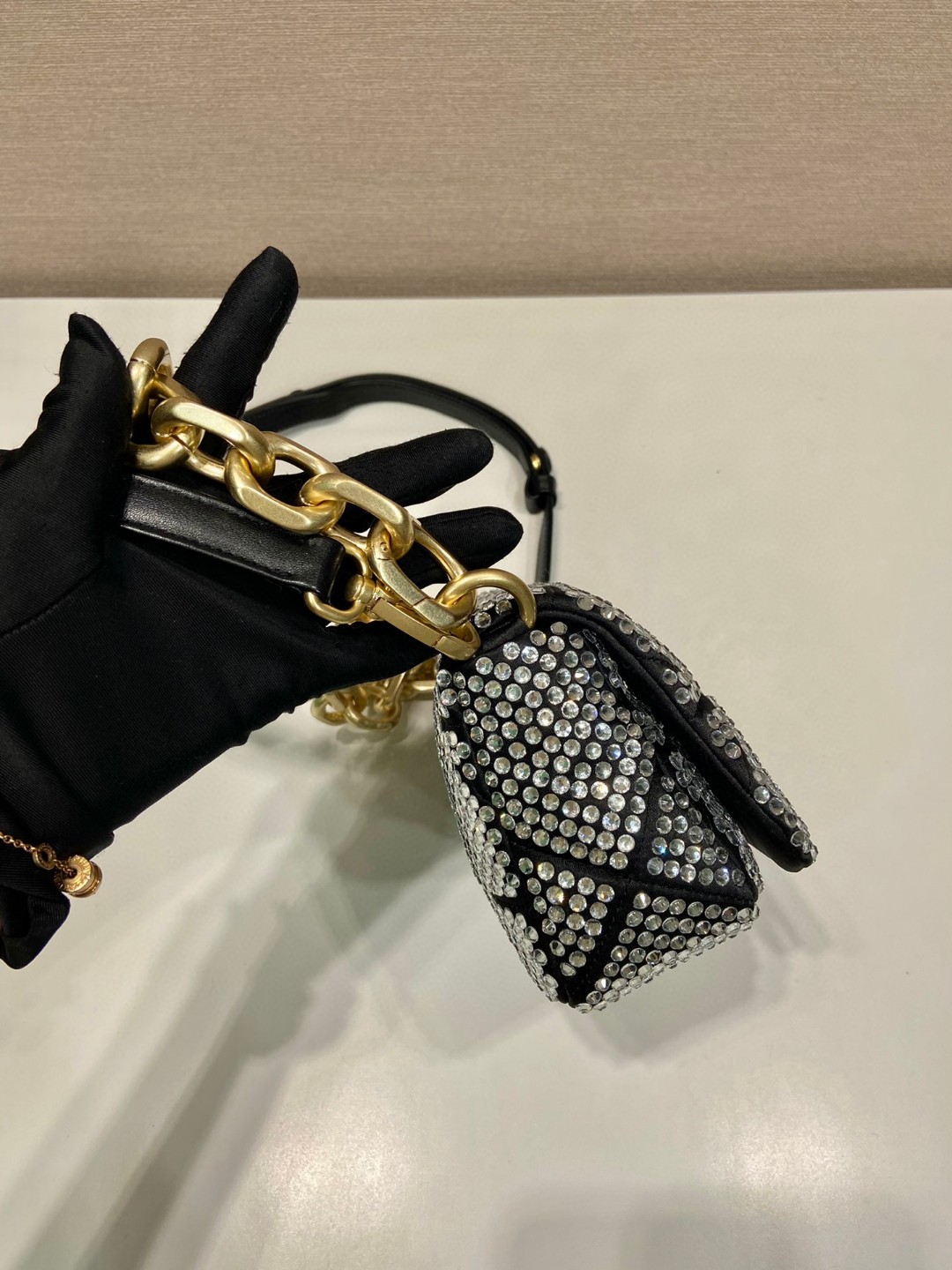 Pra*a Satin Mini-Bag With Crystals Black For Women 6.7 in / 17 cm 1BD329_2AWL_F0522_V_QOO