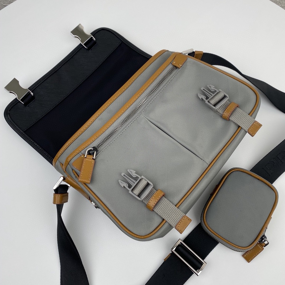 Pra*a Small Saffiano Shoulder Bag Grey and Black For Women 10.2 in / 26 cm