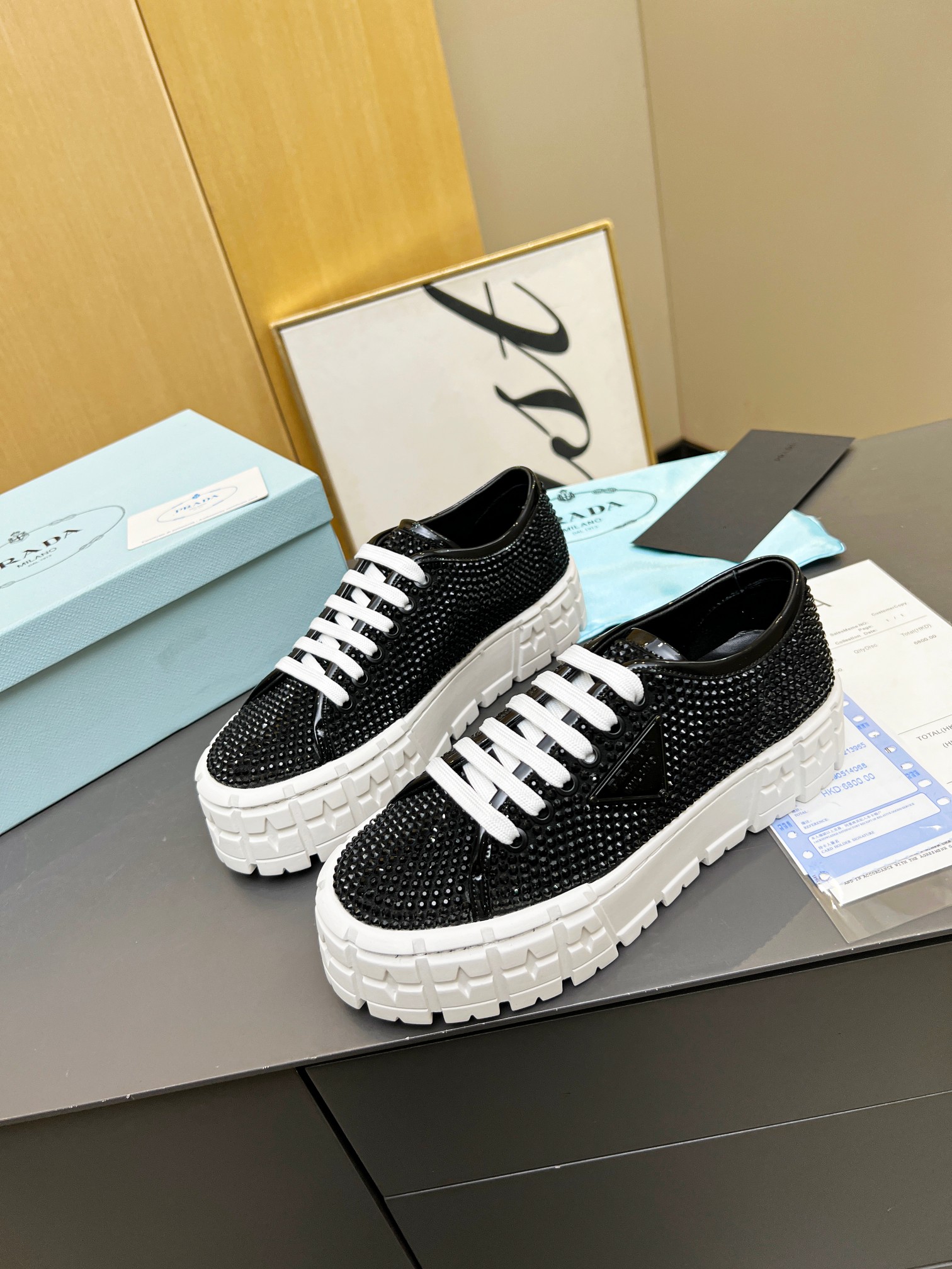 Pra*a Sneakers With Crystals Black For Women 1.9 in/ 5 cm