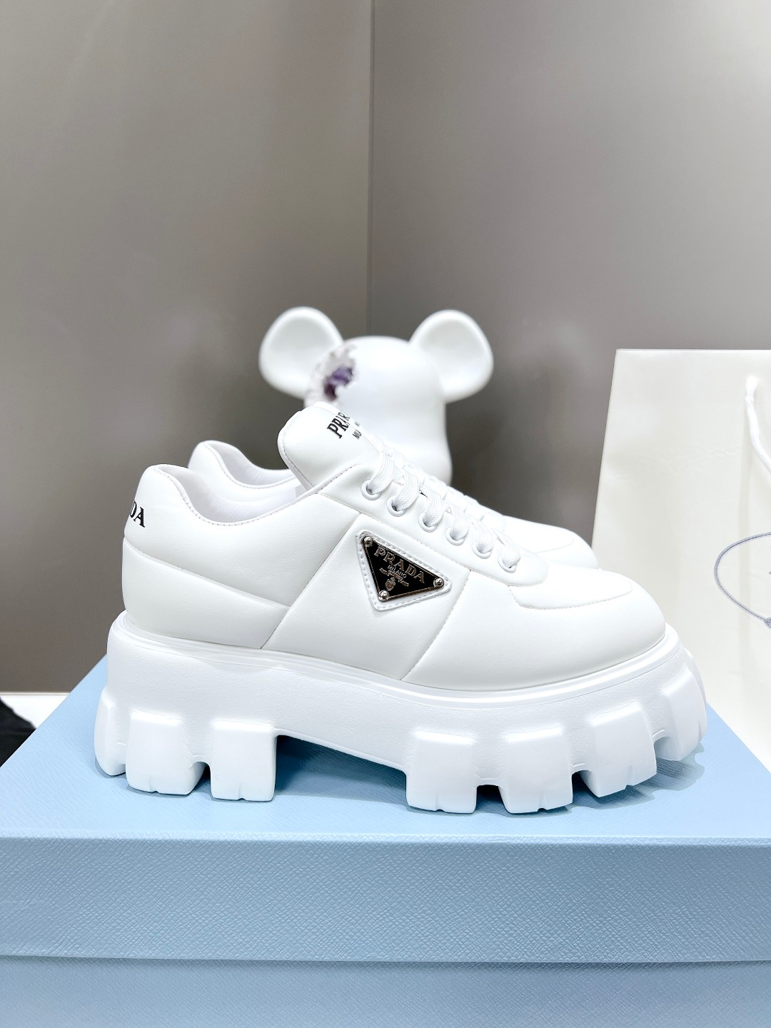 Pra*a Soft Padded Nappa Lace-Up Shoes White For Women 2.1 in/ 5.5 cm 1E119N_2DL8_F0009_F_055