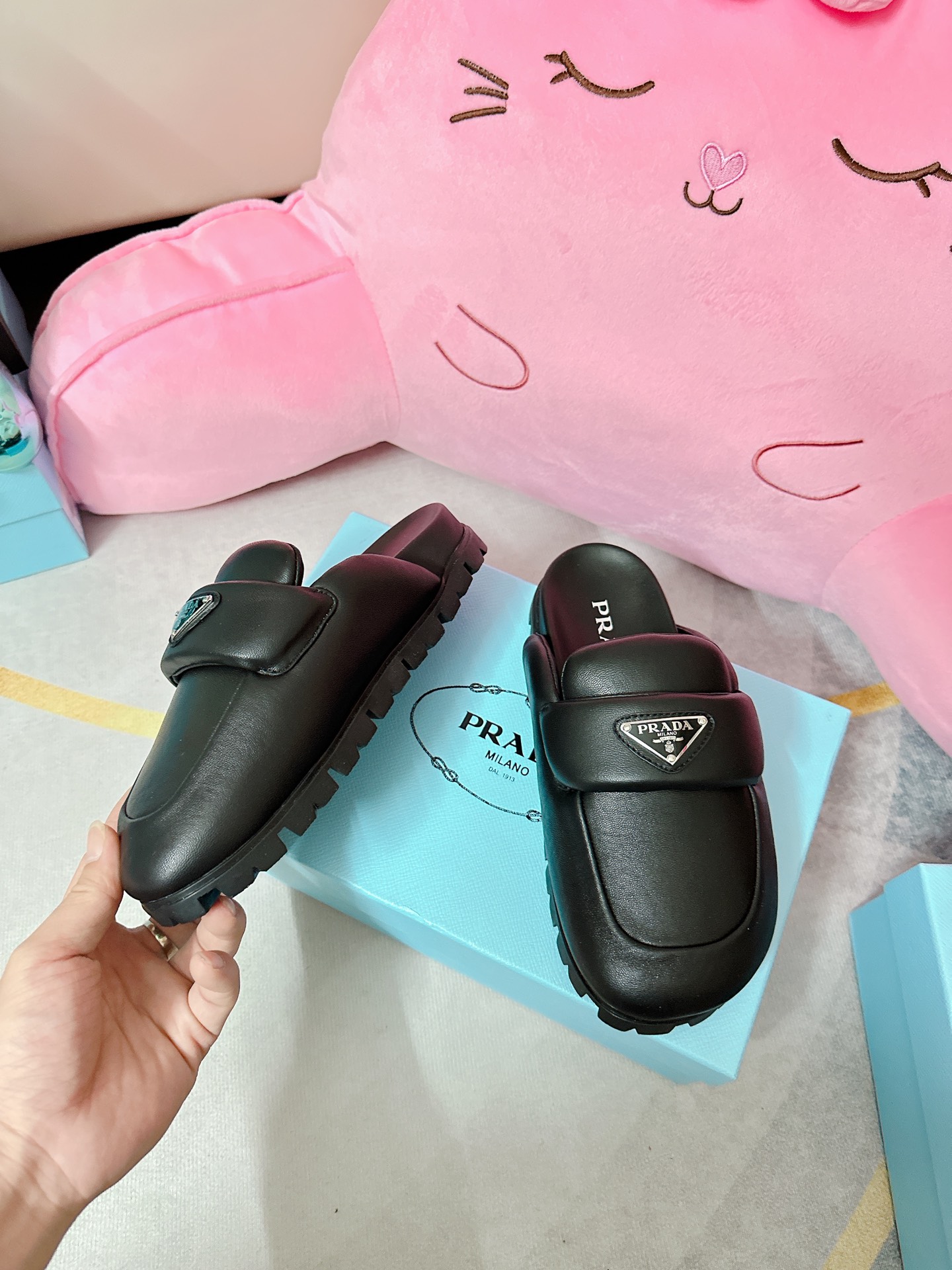 Pra*a Soft Padded Nappa Sabots Black For Women 0.8 in/ 2cm 1S084N_2DL8_F0002_F_020
