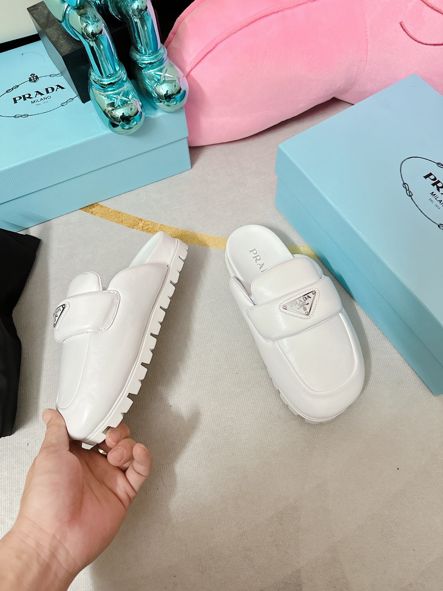 Pra*a Soft Padded Nappa Sabots White For Women 0.8 in/ 2cm
