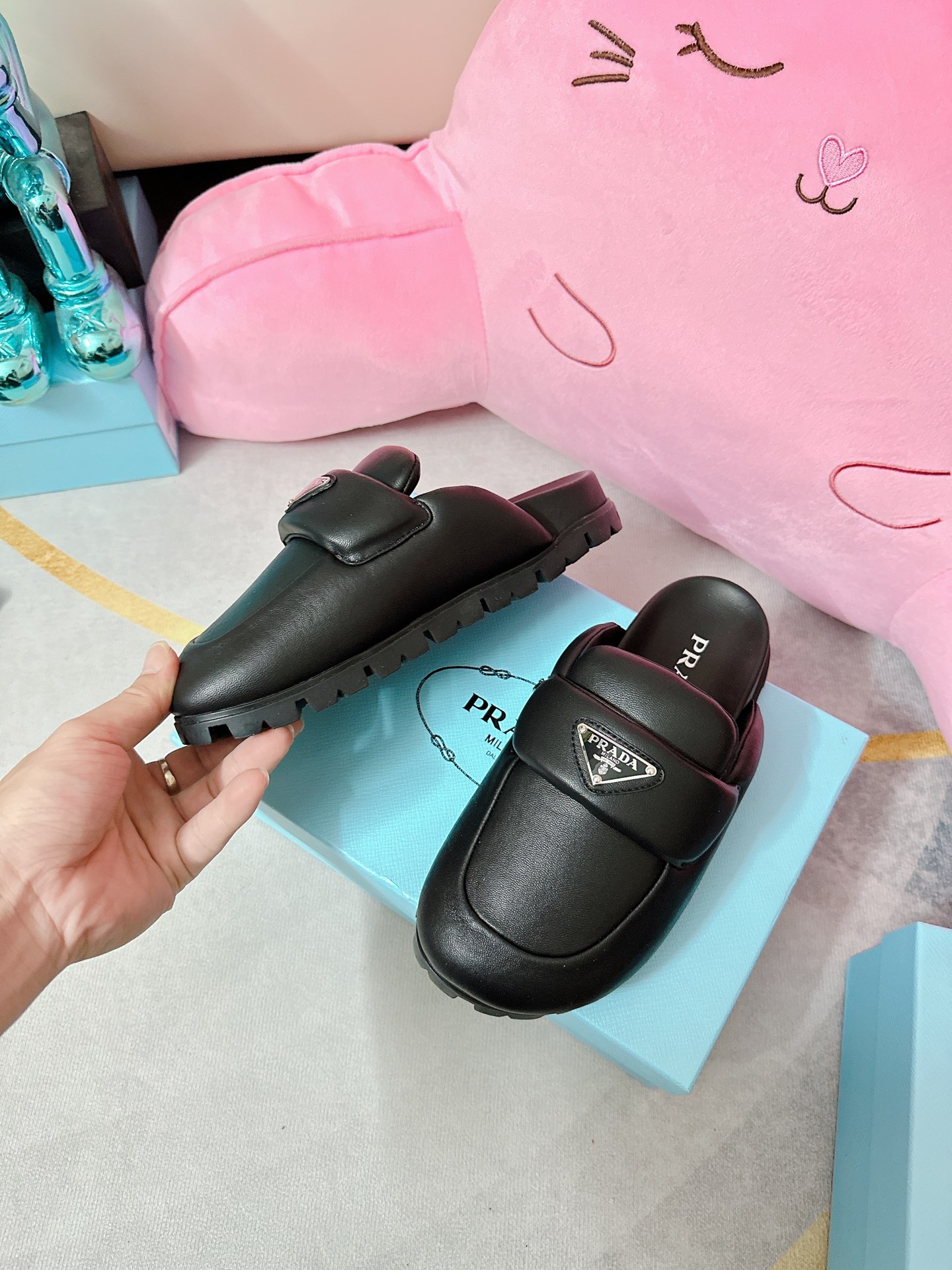 Pra*a Soft Padded Nappa Sabots Black For Women 0.8 in/ 2cm 1S084N_2DL8_F0002_F_020