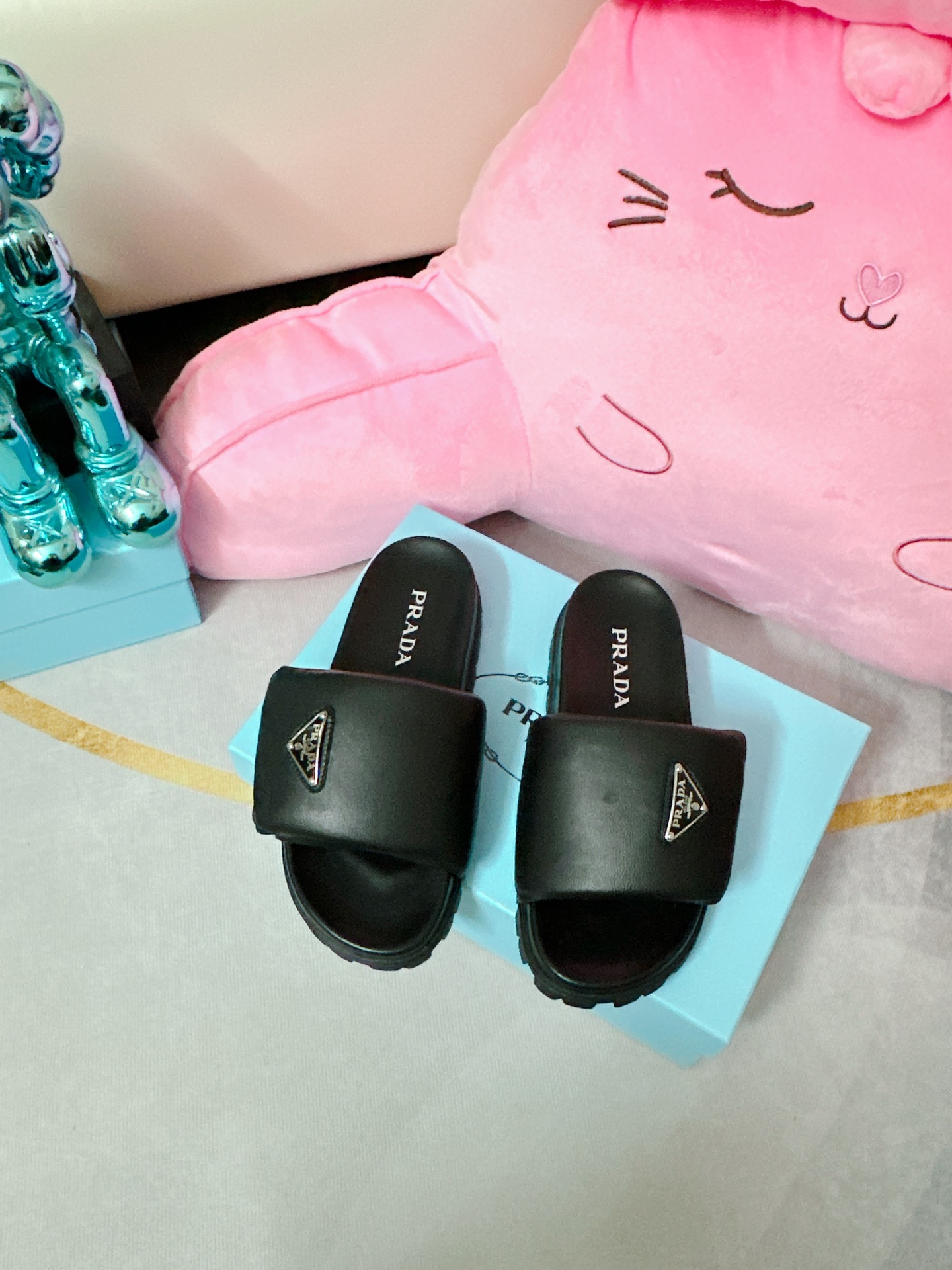 Pra*a Soft Padded Nappa Slides Black For Women 0.8 in/ 2cm 1XX648_2DL8_F0002_F_020