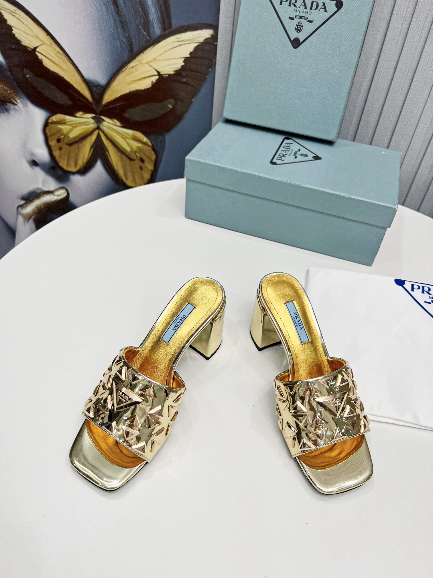 Pra*a Studded Metallic Mules Gold Tone For Women 2.6 in/ 6.5cm 1XX647_3LL5_F0522_F_065