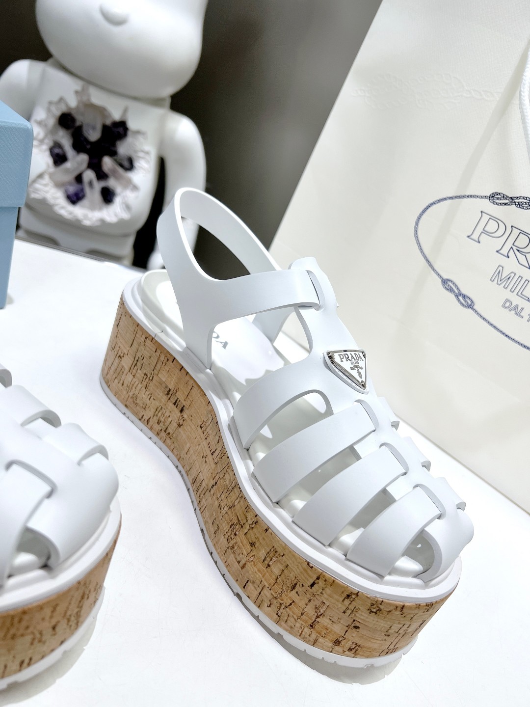 Pra*a Wedge Platform Sandals White For Women 2.9 in/ 7.5cm 1X853M_3LLP_F0009_F_B075