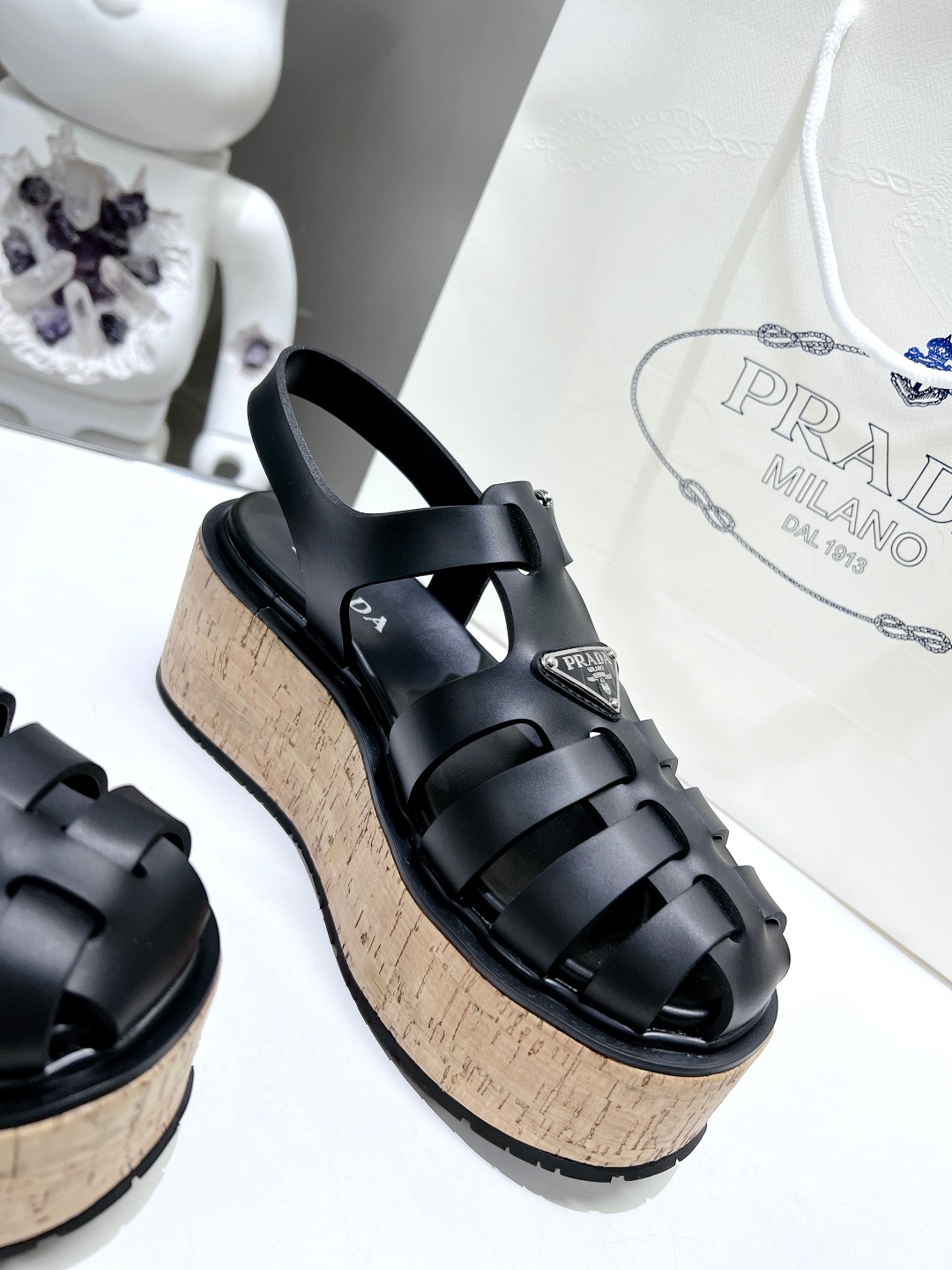Pra*a Wedge Platform Sandals Black For Women 2.9 in/ 7.5cm 1X853M_3LLP_F0002_F_B075