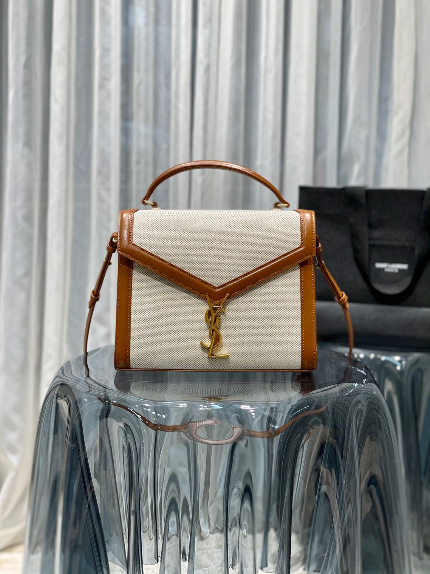 Sa1nt Lau*nt Cassandra Medium Top Handle Bag Black/Brown For Women‎ 9.6in/24.5cm 623931BOW0W1000