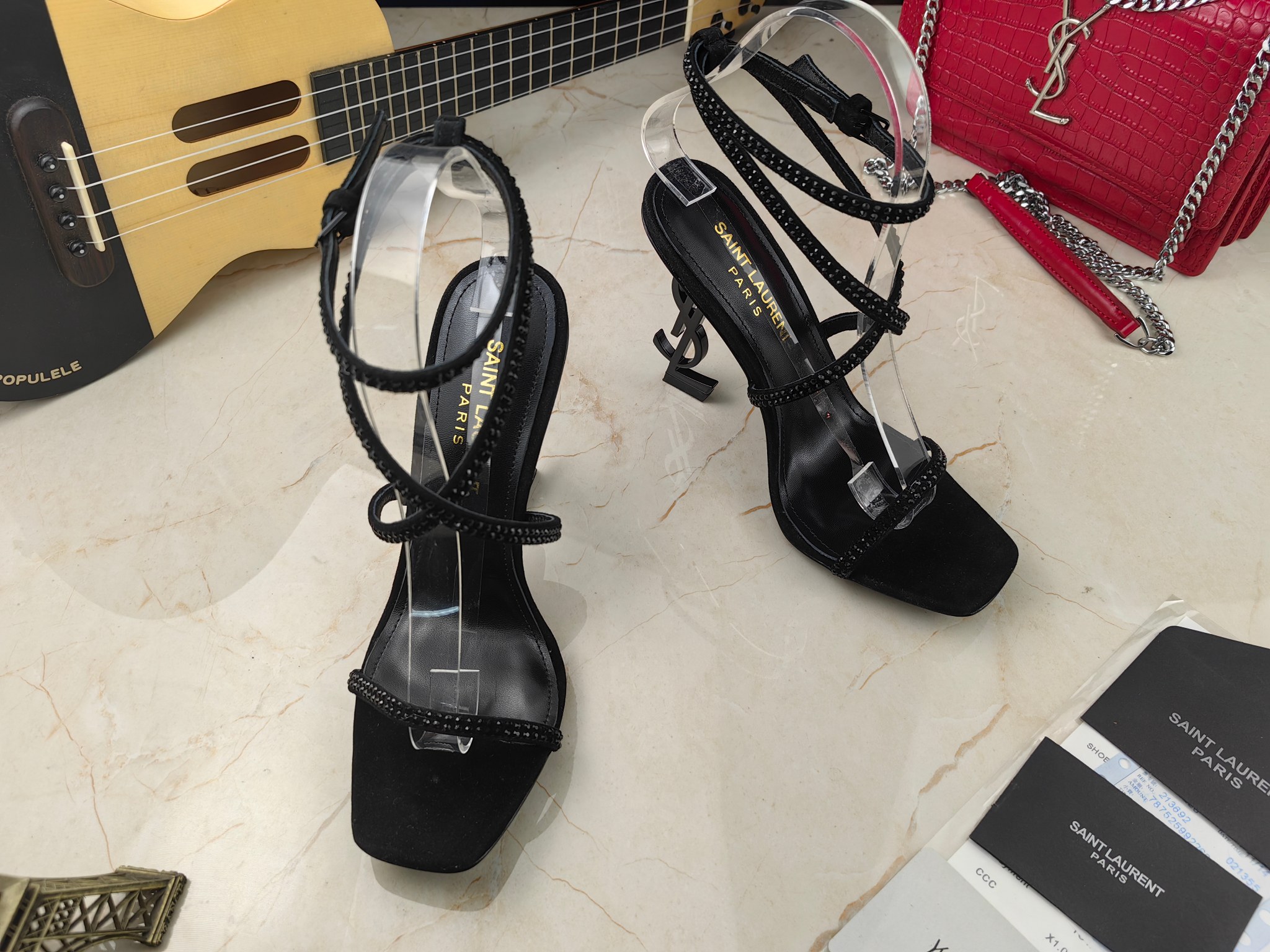Sa1nt Lau*nt Opyum Sandals In Crepe Satin And Rhinestones Black For Women 7323391UUAV1012