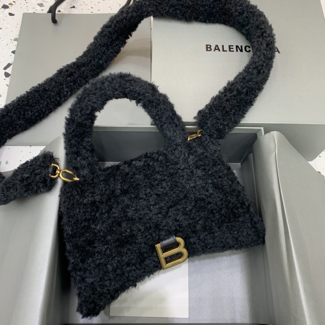 Ba1en*iaga Furry Hourglass Small Handbag With Strap In Black For Women 9.4in/24cm 676365210FU1000