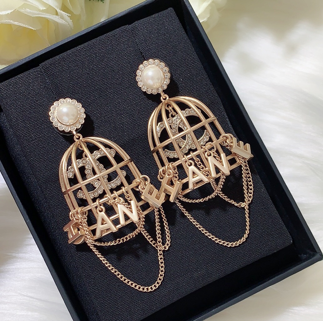 Ch**el Bird Cage Shape Earrings Gold Tone For Women