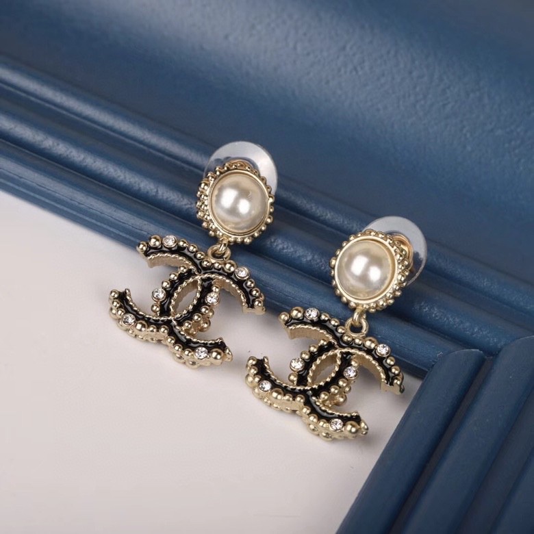 Ch**el Black Douple C Earrings Gold Tone For Women