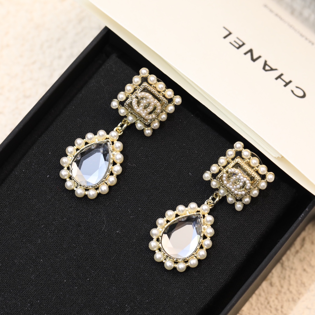 Ch**el Black Twinkle Stone Earrings Gold Tone For Women