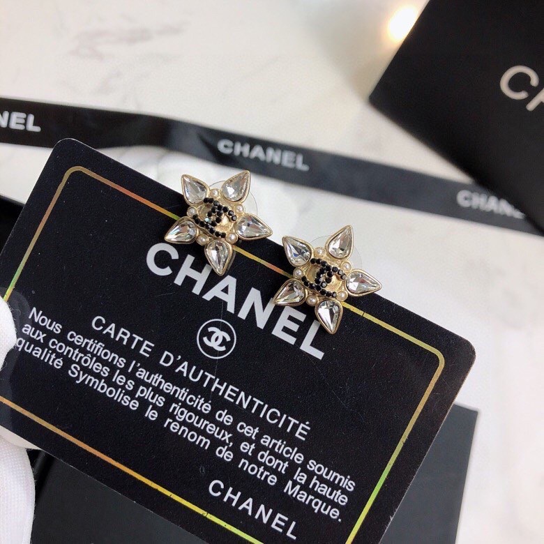 Ch**el Crystal Five Petals Flower Earrings Gold Tone For Women