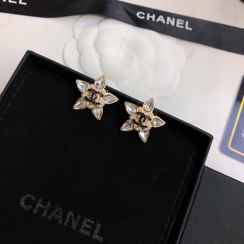 Ch**el Crystal Five Petals Flower Earrings Gold Tone For Women
