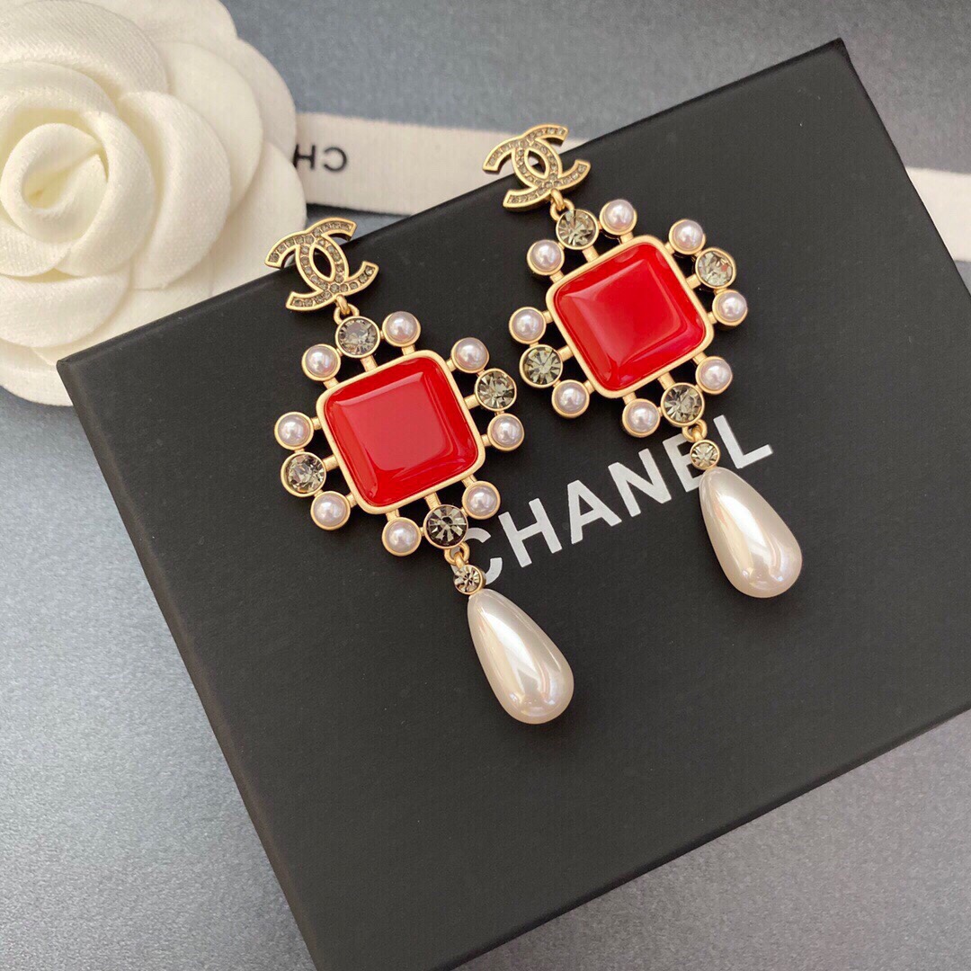 Ch**el Dark Red Square Stone Earrings Gold Tone For Women