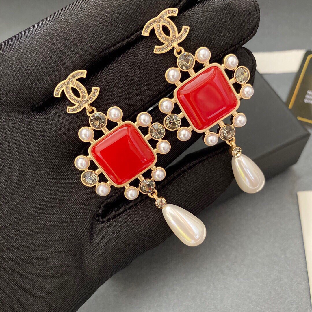 Ch**el Dark Red Square Stone Earrings Gold Tone For Women