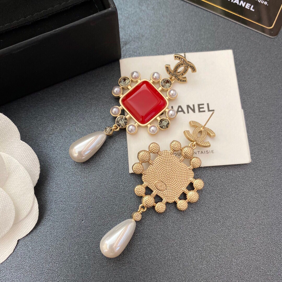 Ch**el Dark Red Square Stone Earrings Gold Tone For Women