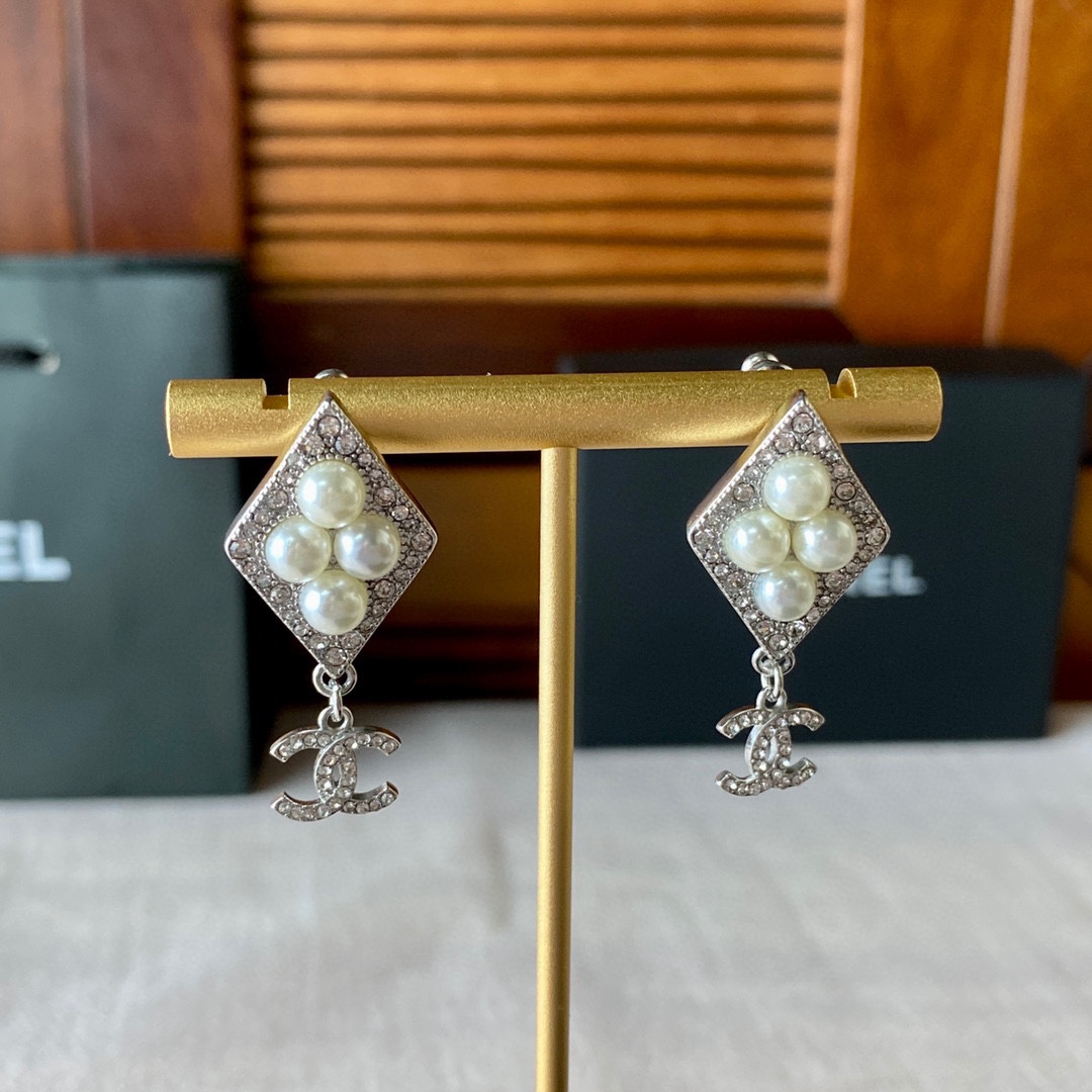 Ch**el Double C Pendant Earrings Silver For Women