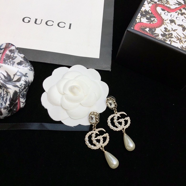 Gvc*1 Douple G Pearl Frame Earrings Gold Tone For Women
