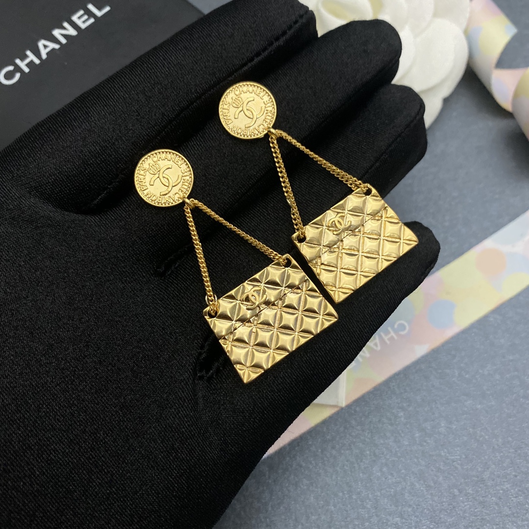 Ch**el Engraved Douple C Handbag Earrings Gold Tone For Women
