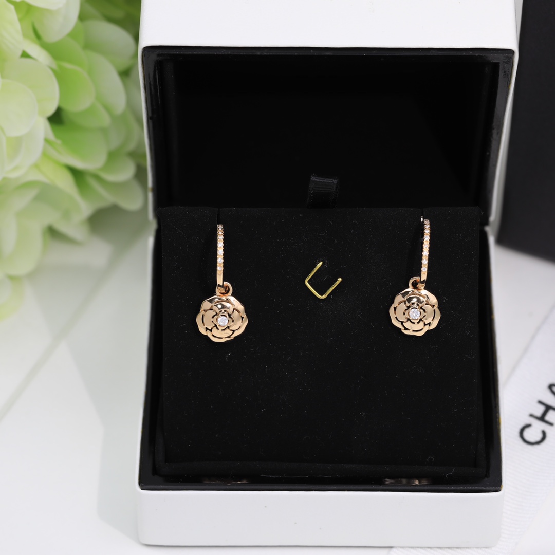 Ch**el Hollow Camellia Earrings Gold For Women