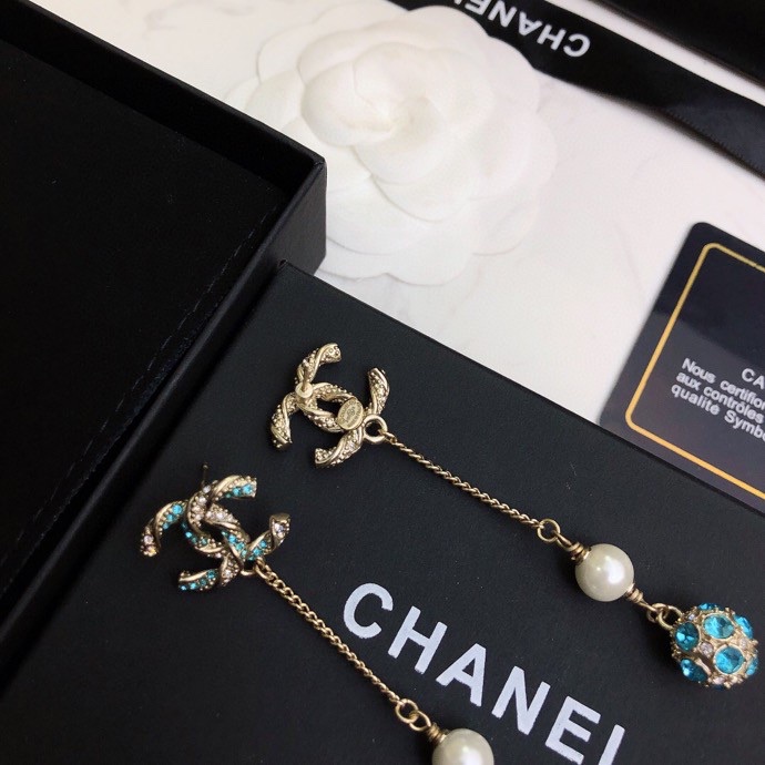 Ch**el Pearl Long Earrings Jade Green For Women