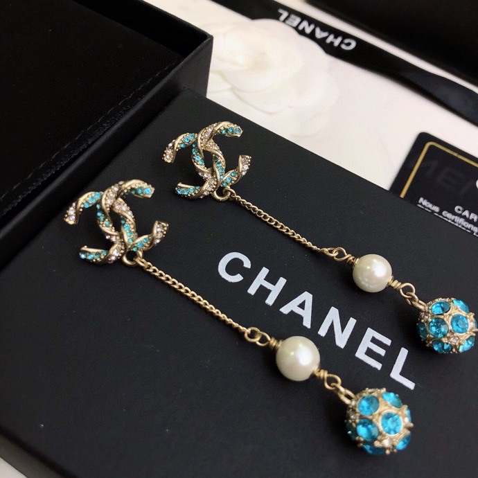 Ch**el Pearl Long Earrings Jade Green For Women