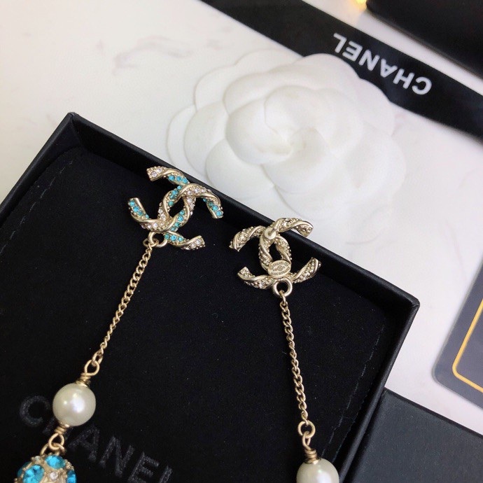 Ch**el Pearl Long Earrings Jade Green For Women