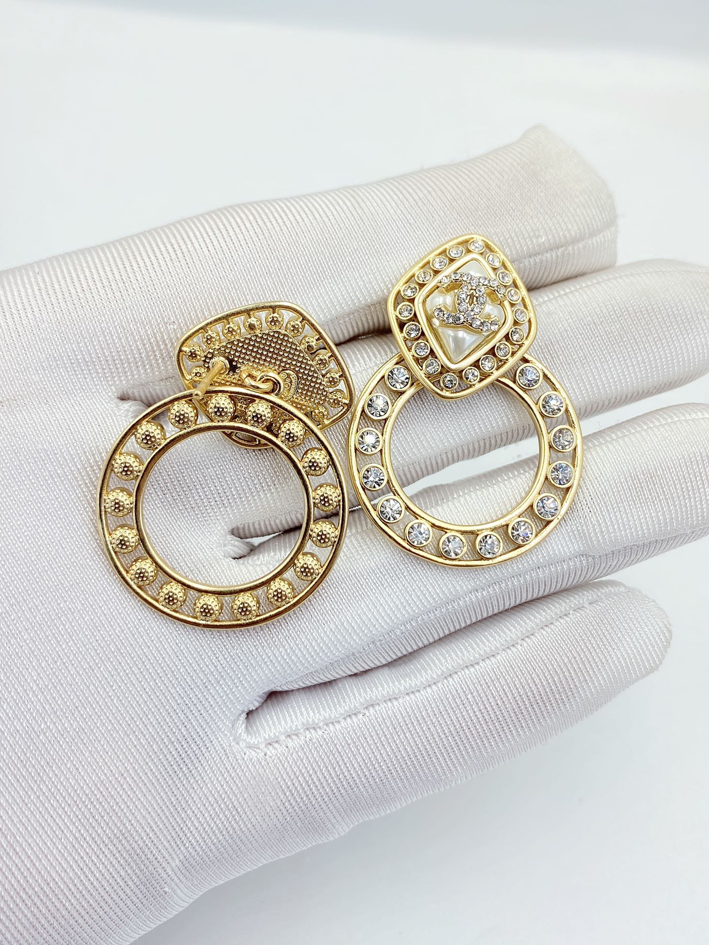Ch**el Sparkling Stone Border Earrings Gold Tone For Women