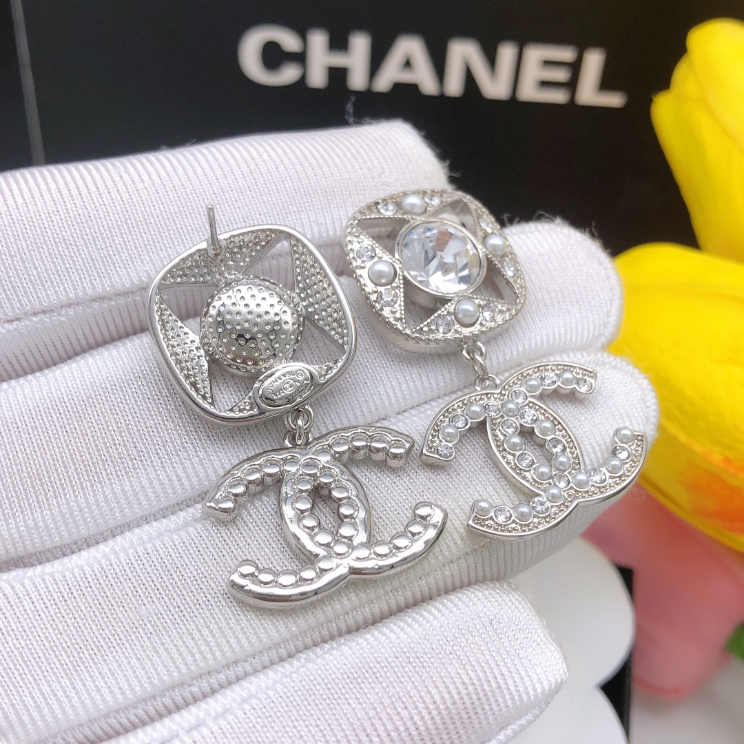 Ch**el Square Double C Stud Earrings White For Women