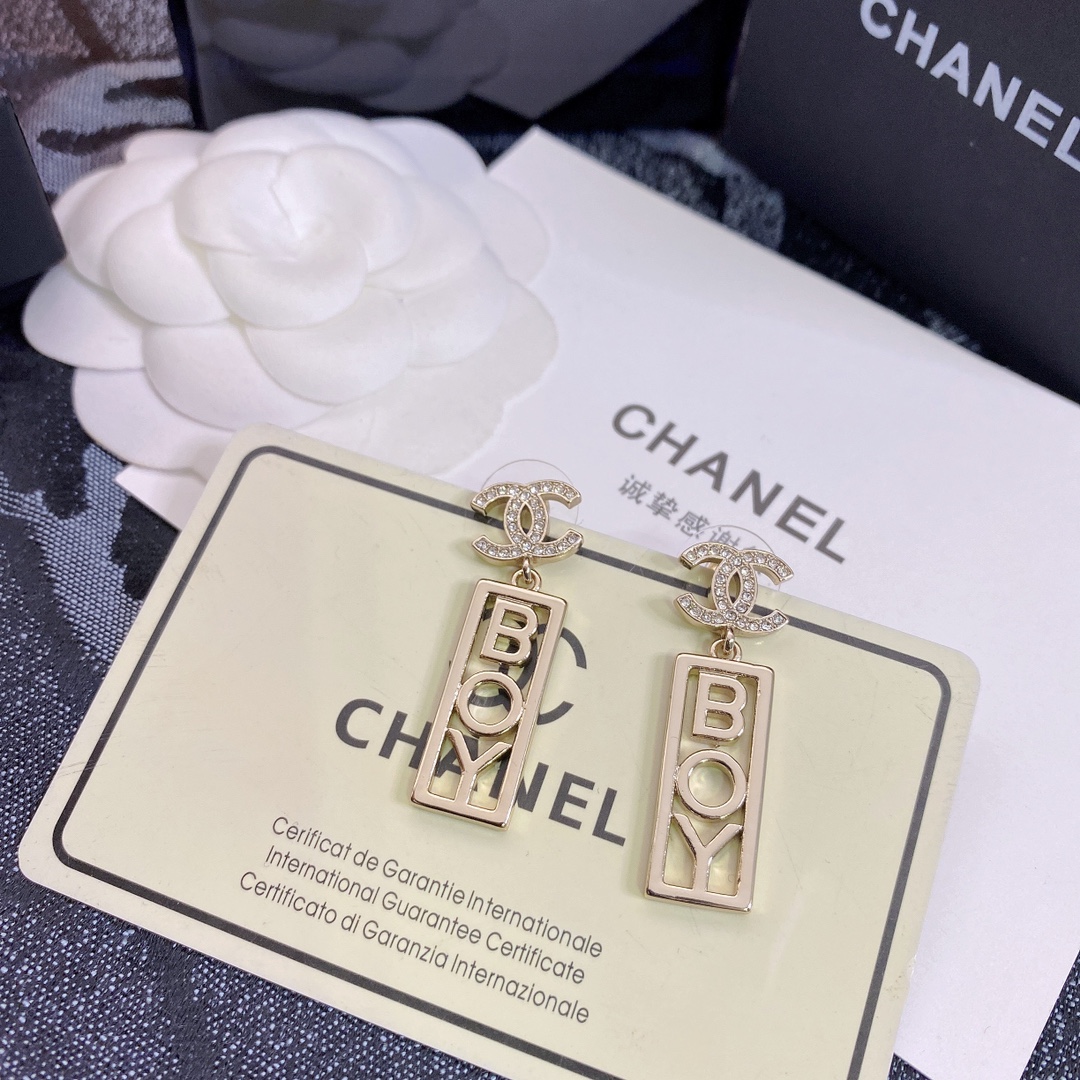 Ch**el Strass CC BOY Drop Earrings Gold For Women