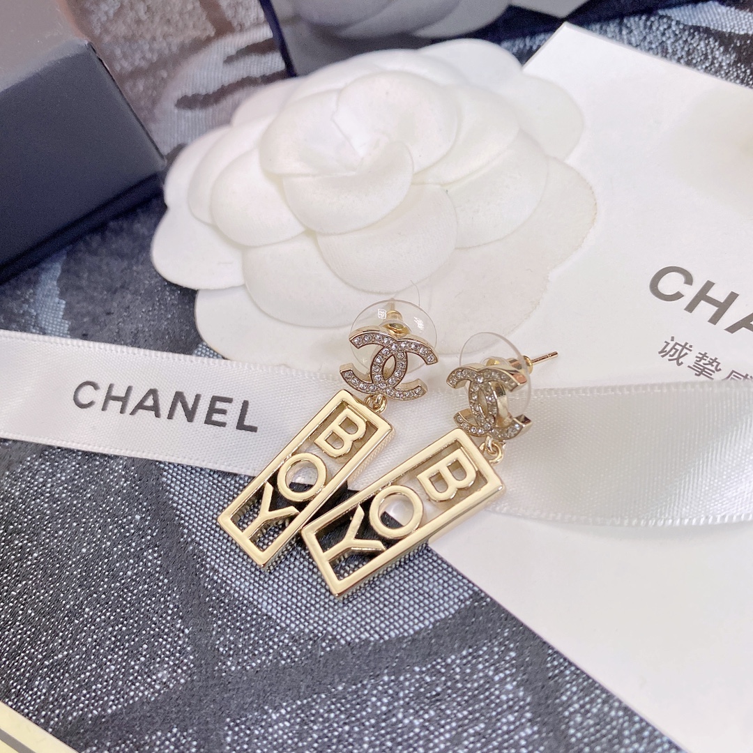 Ch**el Strass CC BOY Drop Earrings Gold For Women