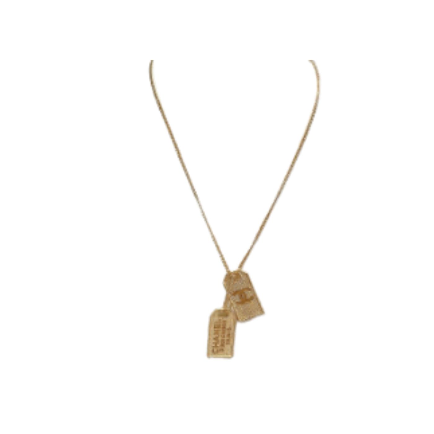 Ch**el Two Tag Engraving Signature Necklace Gold Tone For Women