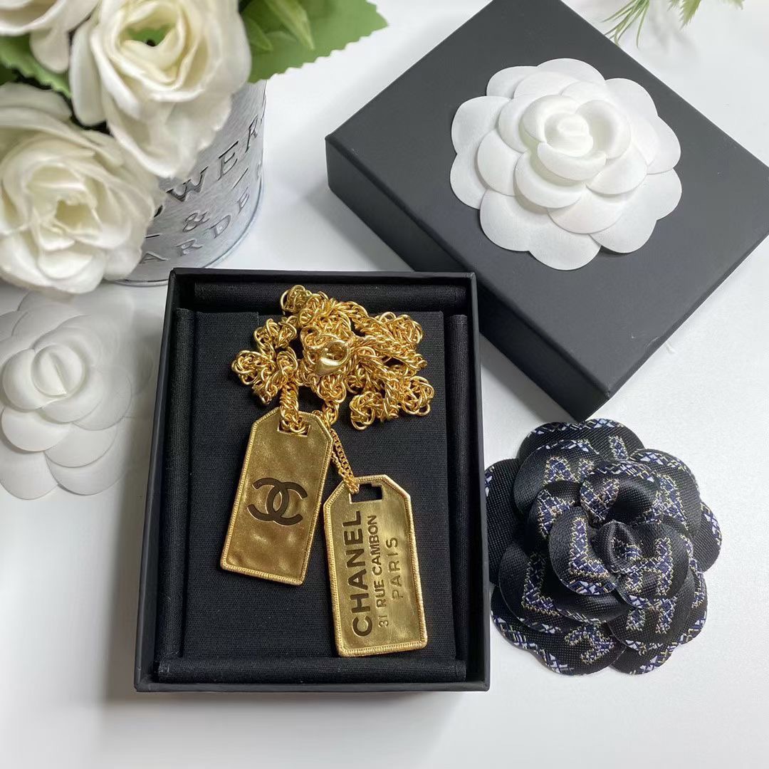 Ch**el Two Tag Engraving Signature Necklace Gold Tone For Women