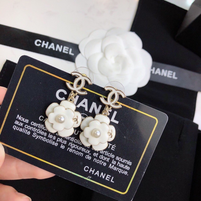 Ch**el White Camellia Flower Earrings Gold Tone For Women
