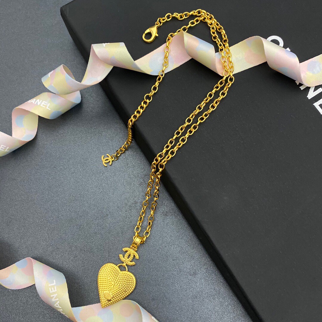 Ch**el Yellow Thick Border Heart Necklace Gold Tone For Women