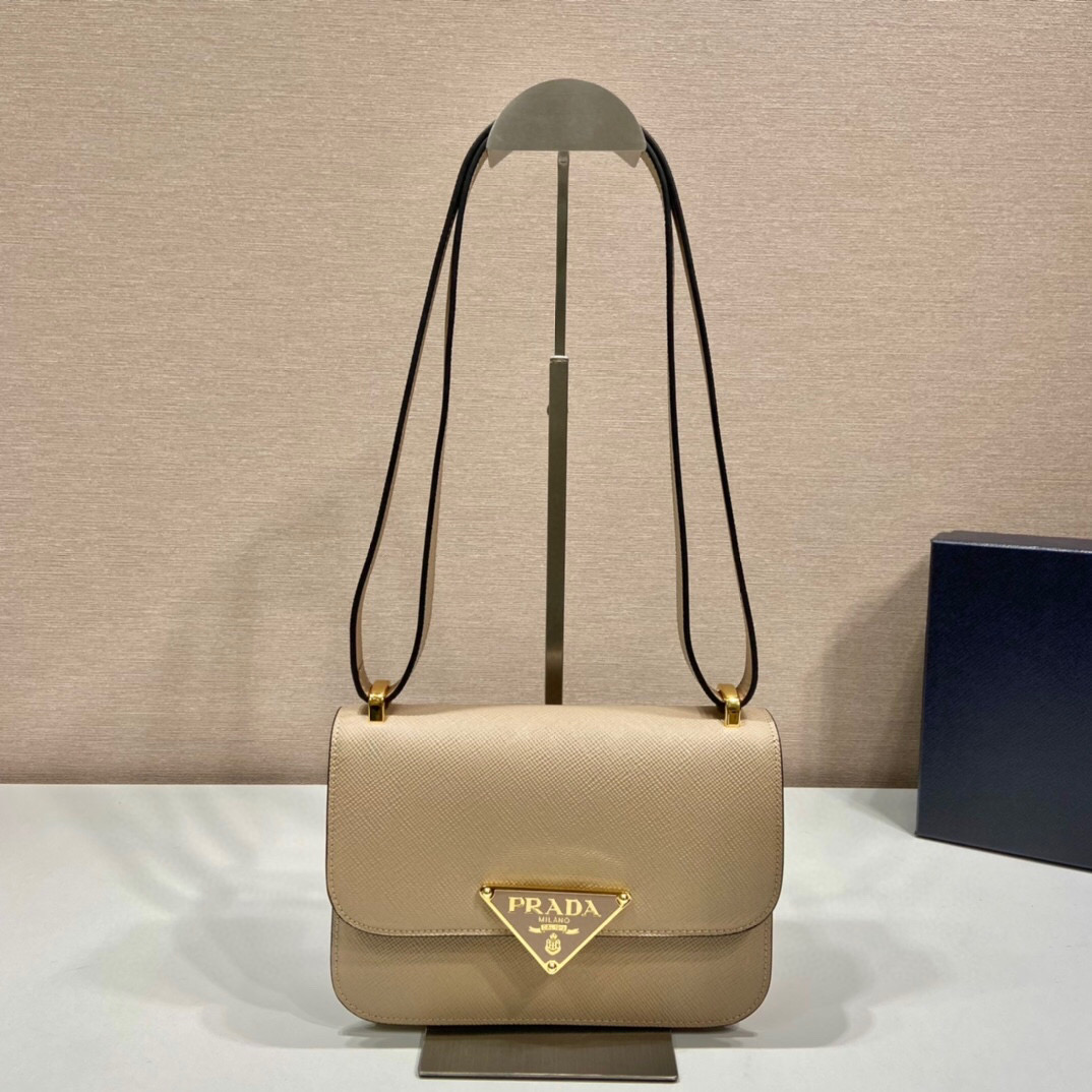 [True-to-ORIGINAL] Pra*a Emblème Saffiano Shoulder Bag In Beige For Women 8.6 in/22cm – 1BD320_2A4A_F0036_V_UTO