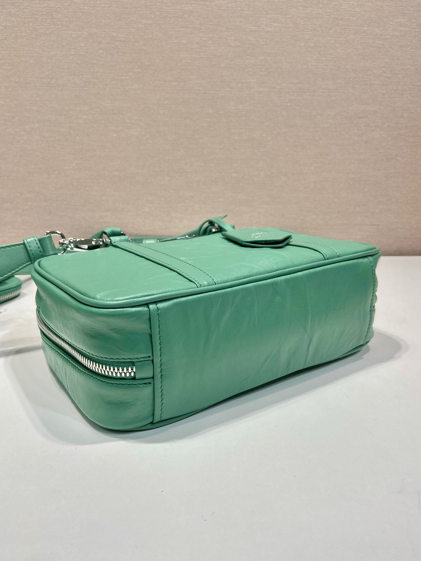 Pra*a Medium Antique Nappa Top Handle Bag In Green/Pink For Women 9.5 in/ 24cm 1BB092_UVL_F0092_V_T2O